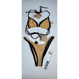 SAME Los Angeles Swim Bikini Set 2Pc Triangke Top High Weist Bottom Beige SZ S